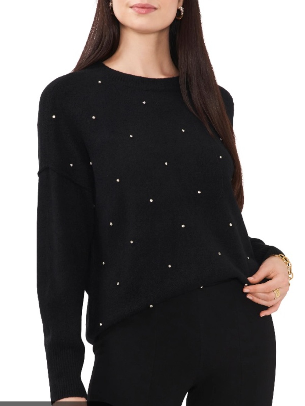 JM COLLECTION Black with Gold Studs Pullover Crewneck Sweater L NWOT